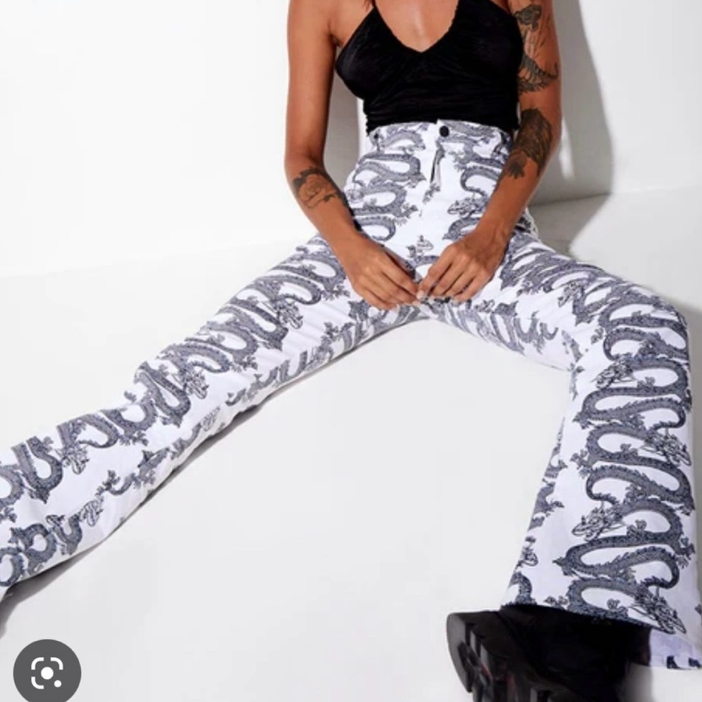 Motel Rocks Black and White Dragon Flare Jeans